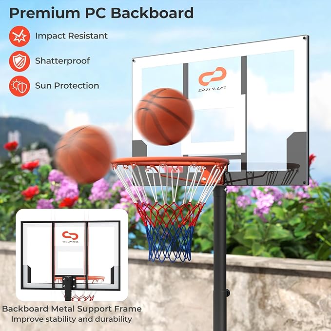 Goplus Basketball Hoop Outdoor, Portable 3.3-7FT/10FT Adjustable Basketball Goal System w/Shatterproof PC Backboard, Wheels for Adults in Pool Driveway Backyard