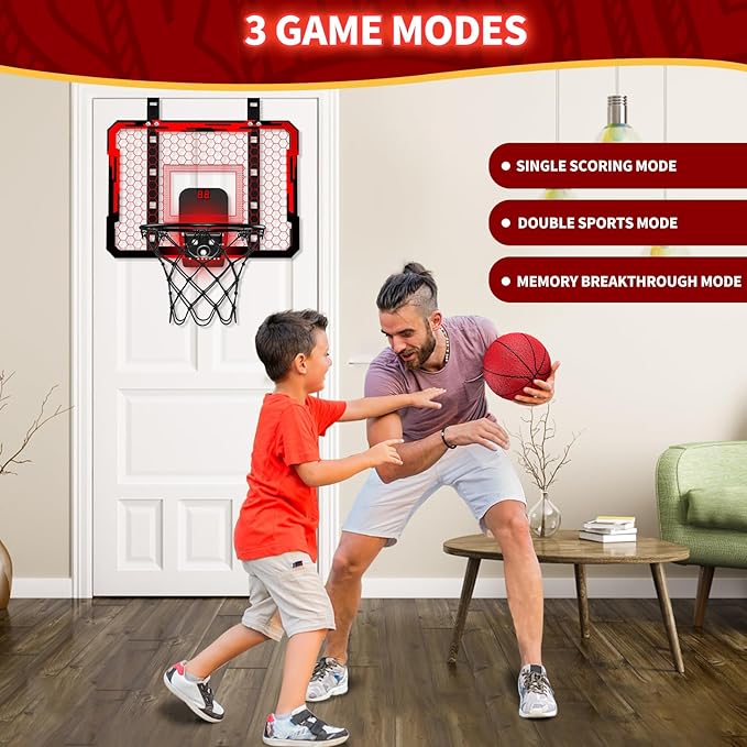 QDRAGON Indoor Basketball Hoop for Kids, Over The Door Mini Basketball Hoops with 7 LED Lighting, Basketball Toys Gifts for 5 6 7 8 9 10 11 12 Year Old Boys Girls Teens, Red