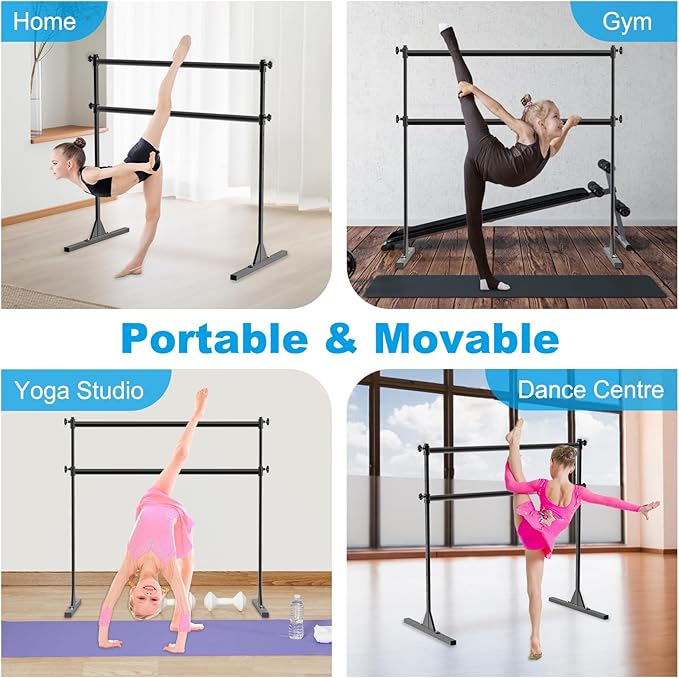4FT/5FT/6FT Freestanding Ballet Barre 10 Height Adjustable from 11 to 47 inch Ballet Bar 350 lbs Capacity Portable Double Dance Bar for Home Workout and Stretch