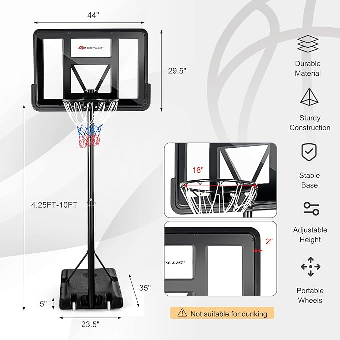 Goplus Portable Basketball Hoop, 4.25-10FT Height Adjustable, 44'' Shatterproof Backboard, 18" Basket Rim, Wheels, Basketball Goal for Adults Outdoor