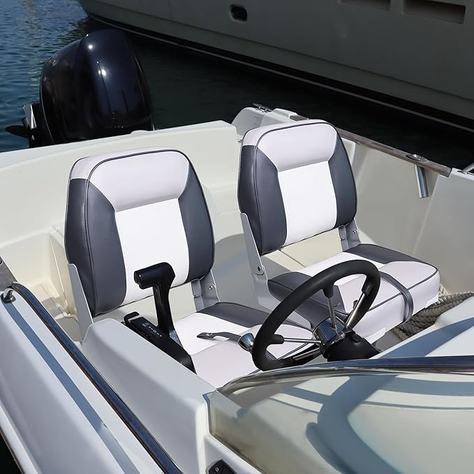 Folding Boat Seat Low Back Boat Chair Marine Bass Jon Fishing Boat Seats 2 Pack, White/Gray/Charcoal