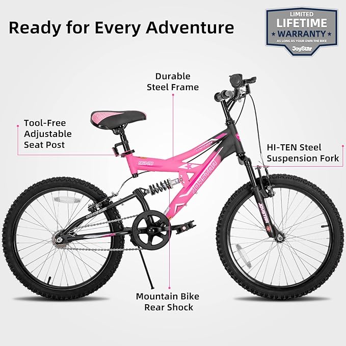JOYSTAR 20 Inch Kids' Bike for Boys Girls Ages 7-13 Years Old, Dual-Suspension Kids Mountain Bike with Dual Handbrake & Kickstand, Multiple Colors