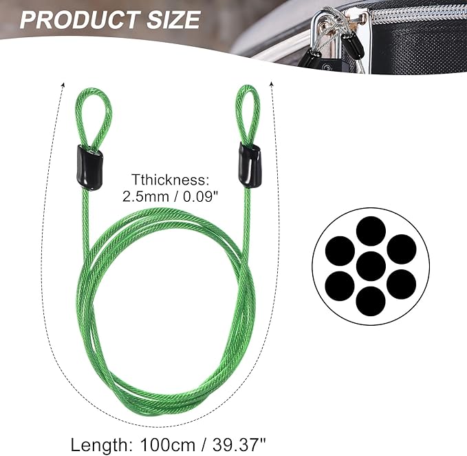 MECCANIXITY Security Steel Cable Lock, Safety Cable Flexible Wire Rope Luggage Lock 3.3feet 2.5mm Vinyl Coated Braided Steel with Double Loop for Bike Bicycle U-Lock Padlock Green