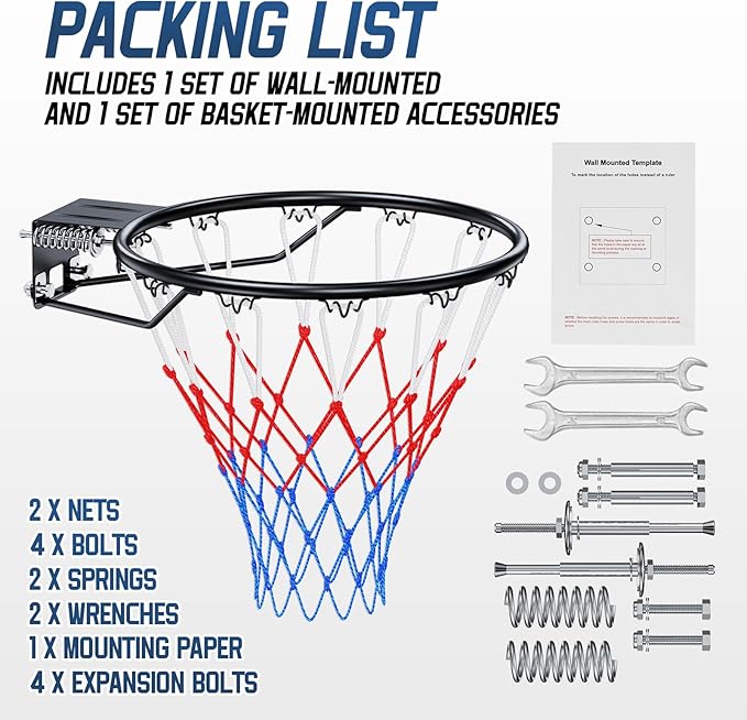 Basketball Rim, 18" Replacement Wall Mounted Outdoor Basketball Hoop, Heavy Duty Solid Steel, Double Spring Basketball Hoop Rim with All Weather Net for Indoor and Outdoor Hanging