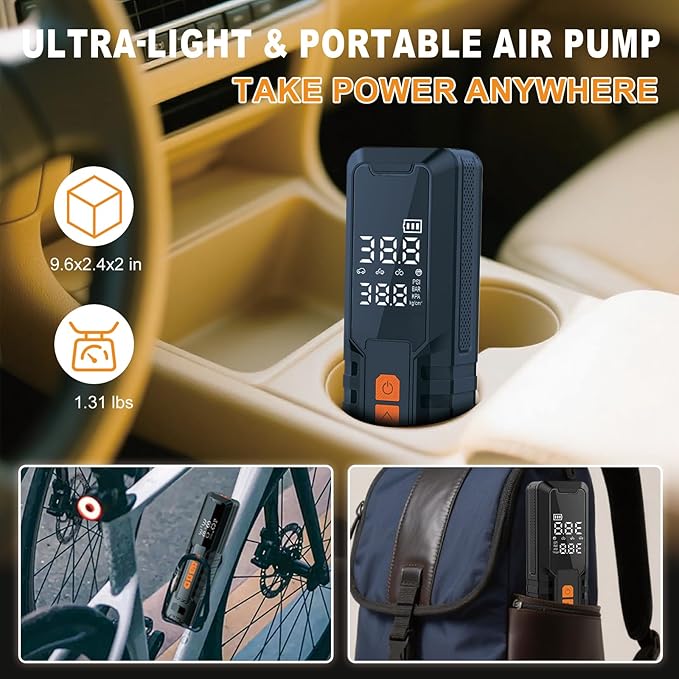 Tire Inflator Portable Air Compressor, Air Pump for Car Tires, Bike Pump, Portable Tire Inflator for Car, Motorcycle, Bicycle, Balls - 150PSI, 6000mAh Battery, LED Light Auto Shut-Off Function