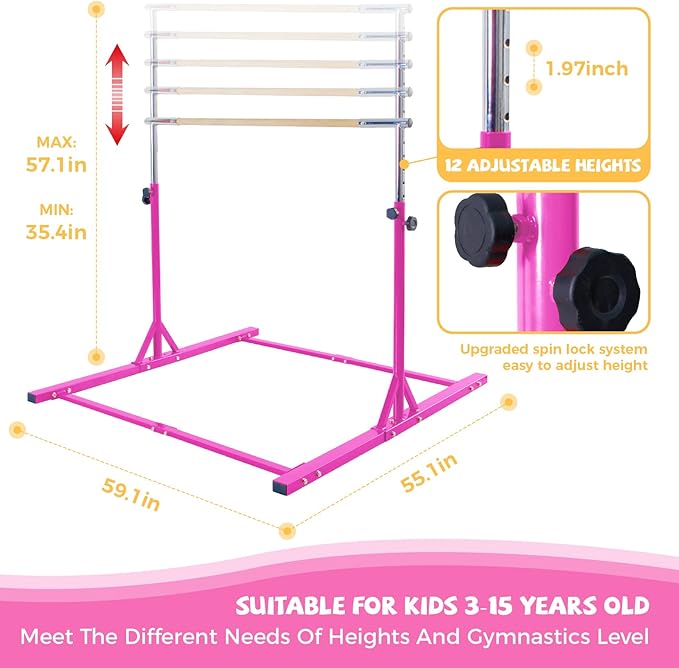 Kangaroo Hoppers Gymnastics Bar with Mat for Kids 3-15, Adjustable 35.4"-57.1" Gymnastics Horizontal Bars with Steel Frame at Home/Indoor Training, 260LBS (Pink)