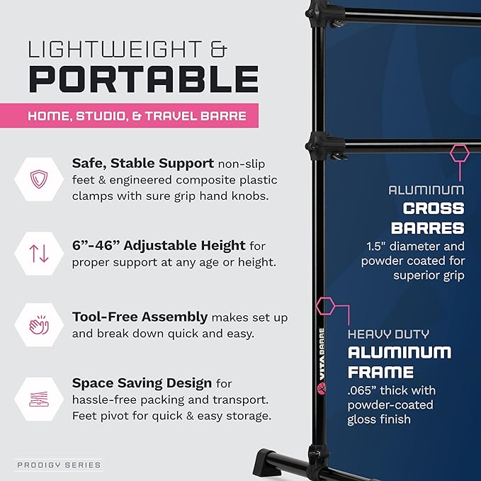 VITA Barre Portable Freestanding Double Ballet Barre, Prodigy, Aluminum | Adjustable Height, USA Made, Home or Gym Exercise Equipment for Kids & Adults | Dance, Fitness, Pilates