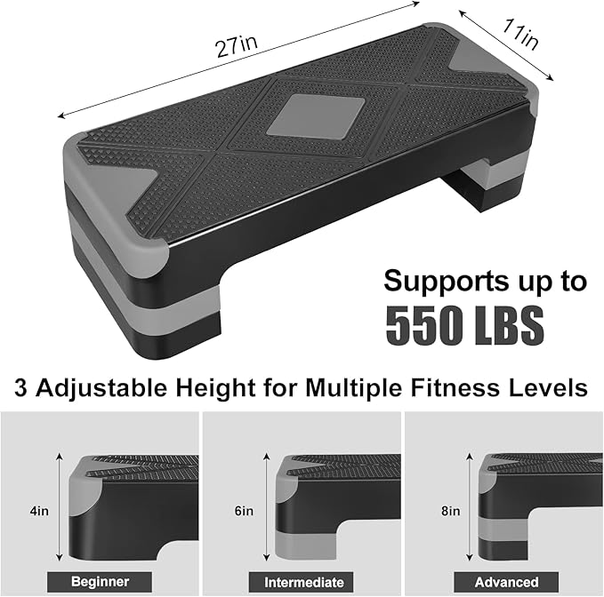 Adjustable Workout Aerobic Stepper in Fitness & Exercise Step Platform Trainer 3 settings adjustable height 4”-6”-8”