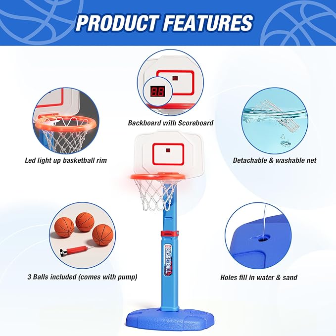 Toddler Basketball Hoop with Electronic Scoreboard/LED Rim/3 Balls, Adjustable Height Indoor Mini Basketball Hoop for Kids 1-3, Outdoor Poolside Sport Toy, Birthday for Boys Girls