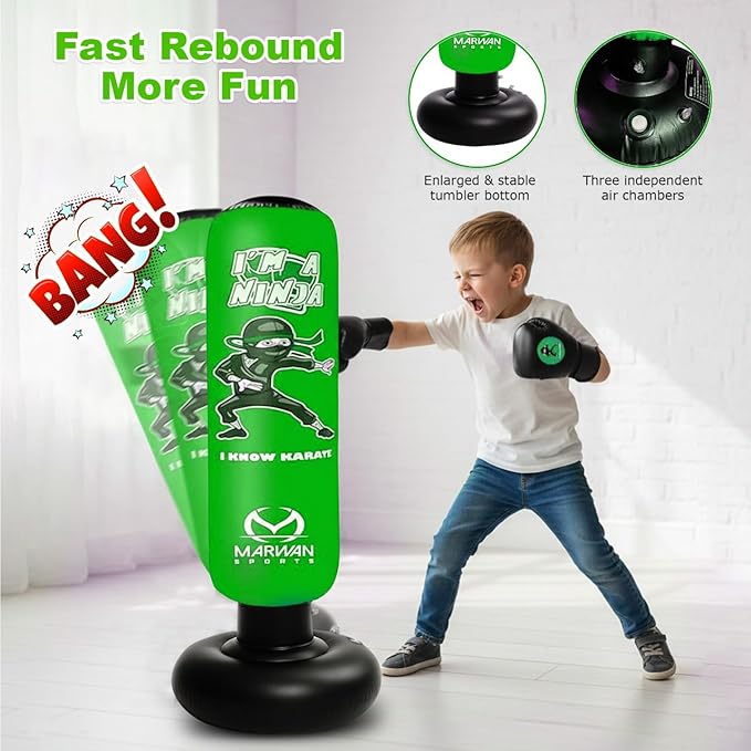 Marwan Sports 5-in-1 Inflatable Punching Bag for Kids – 63" Karate Toy Set with Boxing Gloves, Durable Fast Rebound, Active Play, Stress Relief Christmas/Birthday Gift for Boys & Girls Ages 4-12