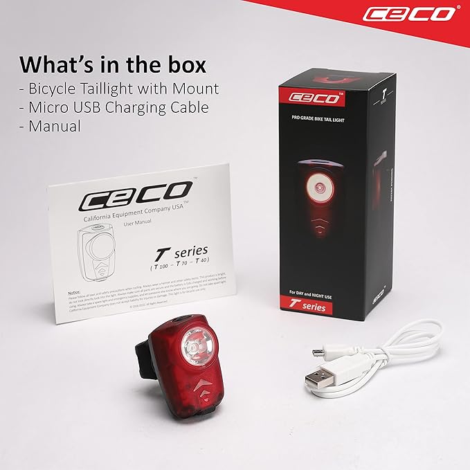 CECO-USA: 100 Lumen USB Rechargeable Bike Tail Light - Super Bright Model T100 Bicycle Rear Light - IP67 Waterproof, FL-1 Impact Resistant - Red Safety Light - Pro Grade Quality Bike Tail Light