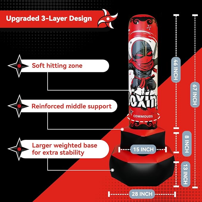 COMMOUDS 67inch Punching Bag for Kids, Inflatable Kids Boxing Set with Gloves, Fast Rebound Punching Bag for Practicing Karate, Taekwondo, MMA, Christmas/Birthday Gift for Boys Girls, Ages 6-14