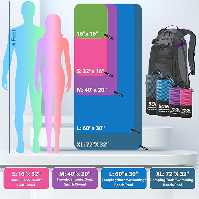 BOGI Microfiber Quick Dry Sports Towel, Purple, 60"x30"+16"x16"