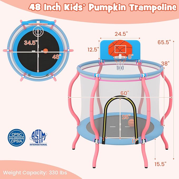 Goplus 48" Kids Trampoline, Indoor & Outdoor Toddler Trampoline with Basketball Hoop, Wide Backboard & Tall Enclosure Net, Kids Activity Center for Boys Girls 3-6, Max Load 330 lbs