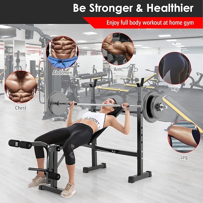 Goplus Adjustable Olympic Weight Bench Barbell Rack Set, Foldable Workout Bench Press Set with Leg Developer, Squat Rack, Home Gym Flat Incline Decline Weight Lifting Strength Training