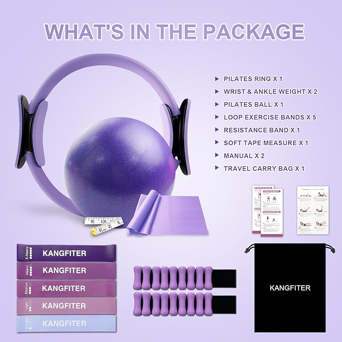 Pilates Ring Set 11 PCS, Magic Circle Yoga Ring, Pilates Ball, Adjustable Ankle Wrist Weights, Resistance Bands, Tape Measure, Pilates Kit Equipment Accessories for Women Home Workouts Yoga