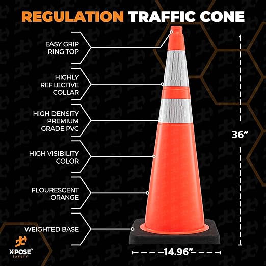 Xpose Safety 36 Inch Orange Traffic Cones Heavy Duty 15lb with 6" & 4" Collars, 12 Pack - Multipurpose PVC Plastic Safety Cone for Parking, Soccer, Caution, Kids and Construction - DOT Approved