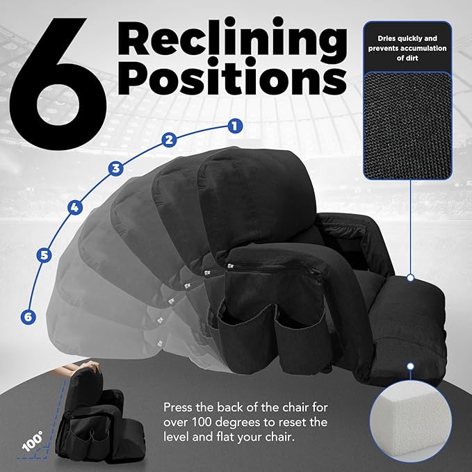 Wide Stadium Seats with Back Support, Exclusive Sofa Style Design Extra Thick Bleacher Chairs with Back and Cushion, 6 Reclining Positions - Ultimate Comfort for Sports Events (Black, 25")