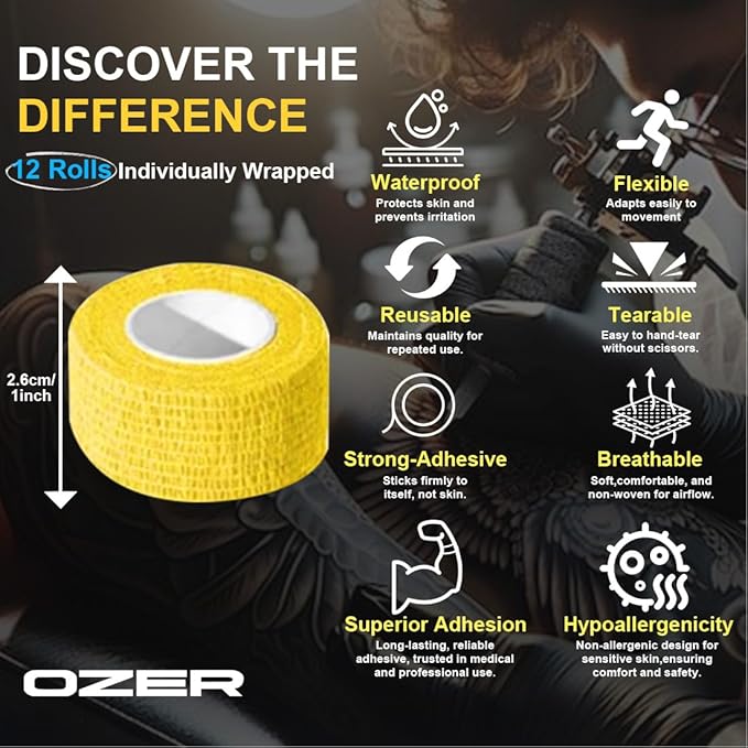 OZER 12 Pack 1 Inch x 5 Yards Self Adhesive Bandage Breathable Cohesive Bandage Wrap Rolls Elastic Self-Adherent Tape for Stretch Athletic, Sports, Wrist, Ankle (1 lnch Black, 1lnch)