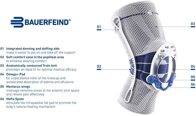 Bauerfeind GenuTrain Knee Support Brace (New Version) - Targeted Support for Pain Relief & Stabilization for Weak, Swollen & Injured Knees & Arthritis - Size 7C, Comfort - Color Nature