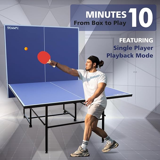 Folding Rolling Table Tennis Table Regulation Ping Pong Table with 2 Paddles 2 Balls 1 Net and Post Set Fold-Up Design 4 Wheels for Easy Movement, BLUE