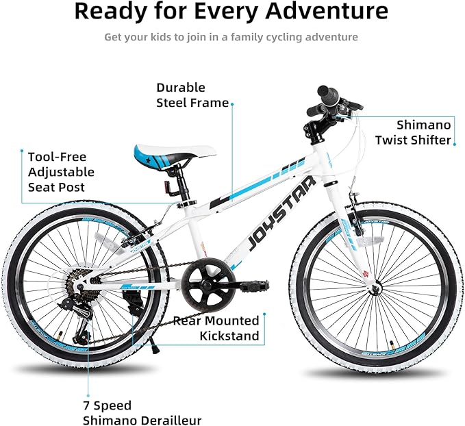 JOYSTAR Lubbock 20 24 Inch Kids Bike for Boys & Girls Ages 7-12 Years Hardtail Mountain Bike for Kids with 1-Speed/7-Speed Drivetrain, White Wall Knobby Tires, Kids' Bicycle