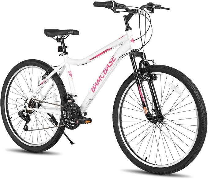 HILAND 26 Inch Womens and Mens Mountain Bike, 21 Speed Steel Frame Adult Bicycle, MTB Bikes with Suspension Fork, Purple Green White
