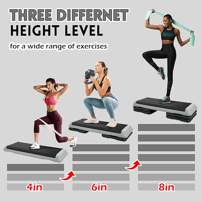 Fitvids Step Aerobic Platform, Exercise Step with 5 levels Adjustable Height, 4 Stackable Risers, Fitness Training Workout Stepper for Home Gym, Cardio Strength, Multiple Options
