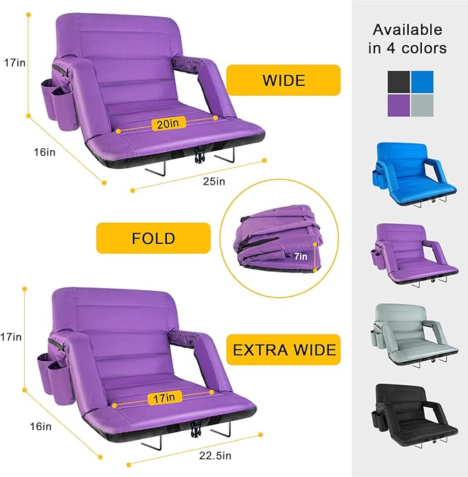 Extra Wide Stadium Seats With Back Support 2 Pack, Exclusive New Bleacher Chairs With Back and Cushion Folding Stadium Chairs, 6 Reclining Positions Waterproof Bleacher Seats (Extra Wide|25" Purple)