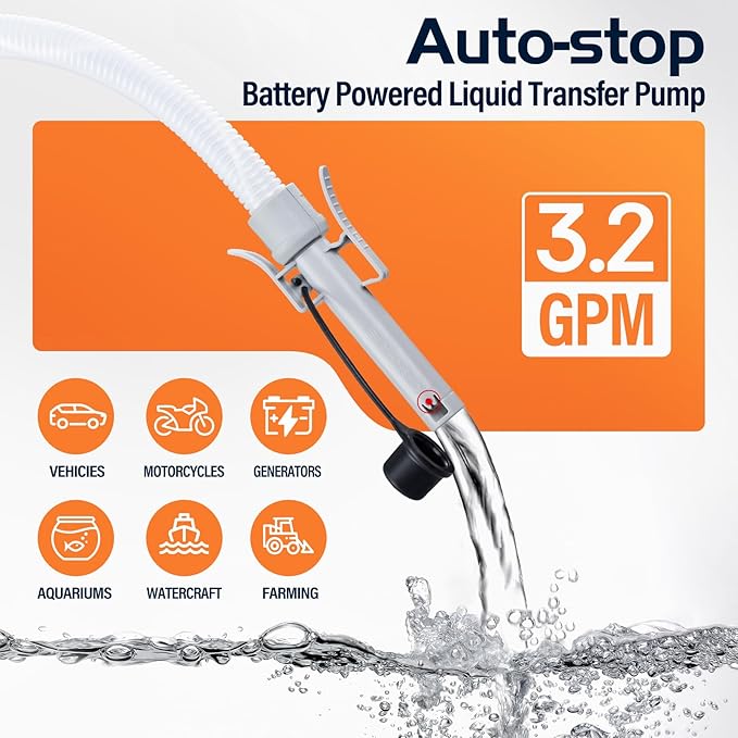 Automatic Fuel Transfer Pump with Auto-Stop, 51'' Extra Long Hose, 3.2 Gallon per Min, Fast and Safe Portable Gas Can Pump for Oil,Battery or USB Powered, 4 Can Adapters,Diesel,Gasoline (orange+Black)