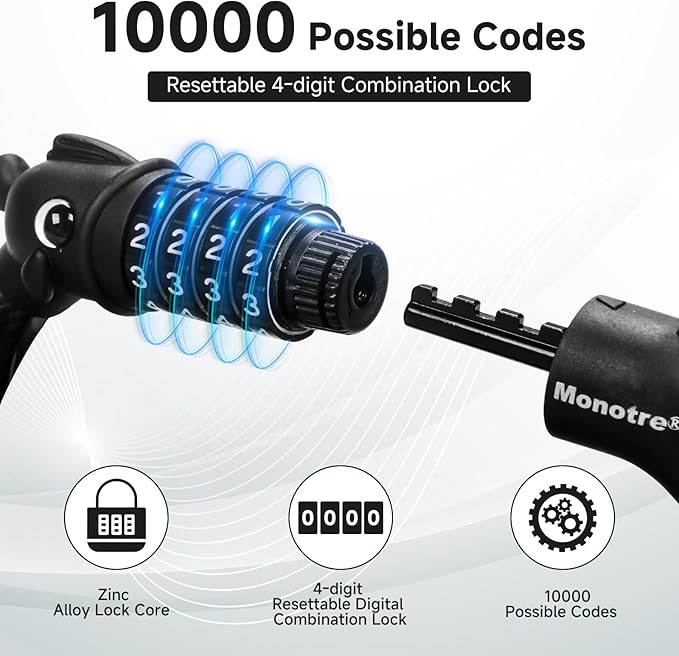 Bike Lock, 3.9 Feet 4-Digit Resettable Combination Password Anti-Theft Cable Lock, Cute Coiled Bike Lock with Mounting Bracket, Suitable for Bicycles, Electric Scooters, Ebikes (Black-12mm)