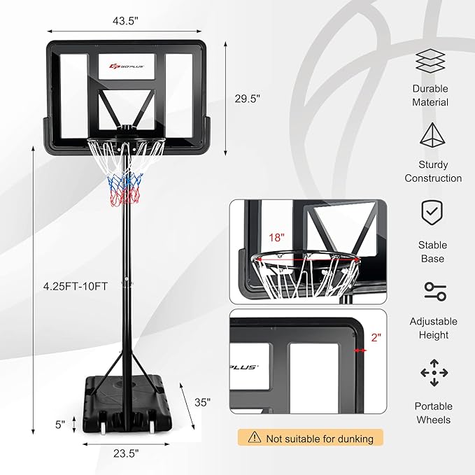Goplus Portable Basketball Hoop, 4.25-10FT Height Adjustable, 44'' Shatterproof Backboard, 18" Basket Rim, Wheels, Basketball Goal for Adults Outdoor