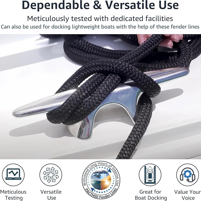 4 Pack 1/2" x 10' Boat Fender Lines - Marine Grade Nylon Boat Rope with 5" Loop for Tying Fenders and Docking Small Boats - Double Braided Dock Lines, Easy Handling, Fray Resistant - Black