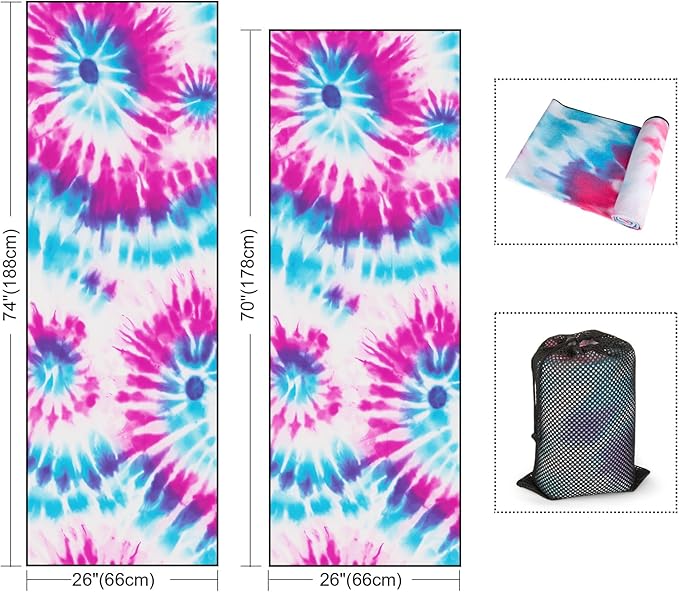 Colorful Star Large Yoga Towel with Corner Pockets, Non Slip Grip Dots Absorbent Hot Yoga Mat Towels, Yoga Blankets with Travel Bag, Mat Cover for Workout, Gym, Fitness - 74"x26", Pink Blue Tie-dye