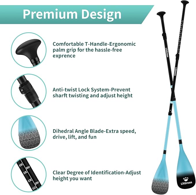 LitGreen Full Carbon Fiber SUP Paddles for Surfing, 1 x 3 Section Adjustable 25oz Lightweight Stand-up Paddle Oars for Paddleboard, Floating, Water Sport