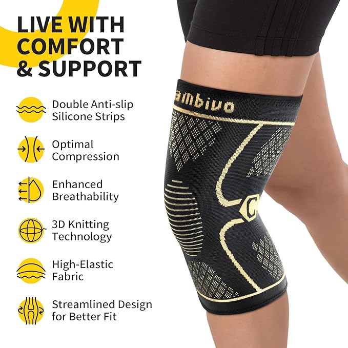 CAMBIVO 2 Pack Copper Knee Braces for Knee Pain, Knee Compression Sleeve for Men and Women, Knee Support for Meniscus Tear, Running, Weightlifting, Workout, ACL, Arthritis, Joint Pain Relief (Gold, Small)