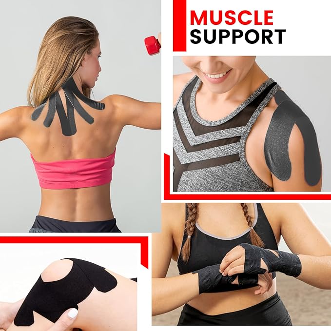 5 Rolls Kinesiology Tape, 2 inch x 16.4 Feet Waterproof Athletic Tape, Uncut Kinetic Tape, Muscle Tape, Sports Tape, Knee Tape for Exercise and Daily Use - Black
