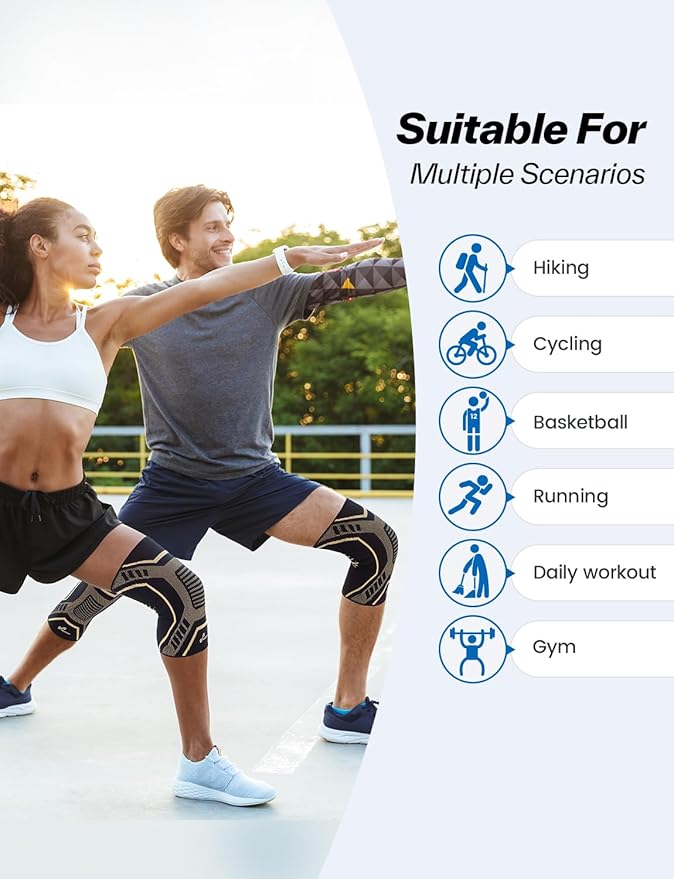 Copper Knee Brace for Men & Women - Knee Compression Sleeve with Side Stabilizers - Knee Support for Running, Hiking, Working, Basketball, Volleyball, Gym, Meniscus Tear, ACL, Arthritis Knee Pain Relief, A Pair (Black-Copper(a pair), Medium(16"-18.5"))