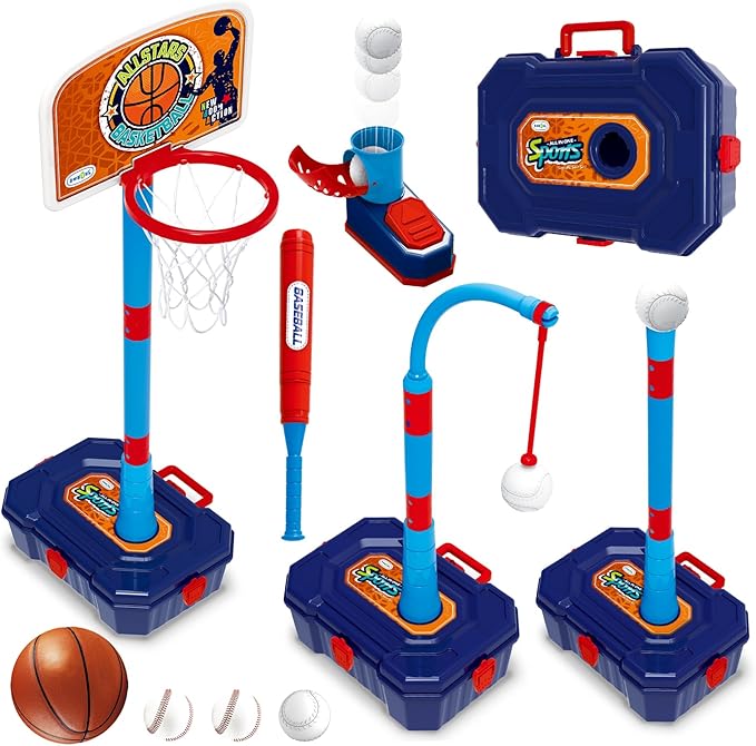 4 in 1 Basketball Hoop for Kids 1-3, 3-5, Toddler Basketball Goal and T Ball Set, Adjustable Basketball Hoop, Indoor Outdoor Sports Toys, Birthday Gifts for Kids Boys 1 2 3 4 5 Years Old