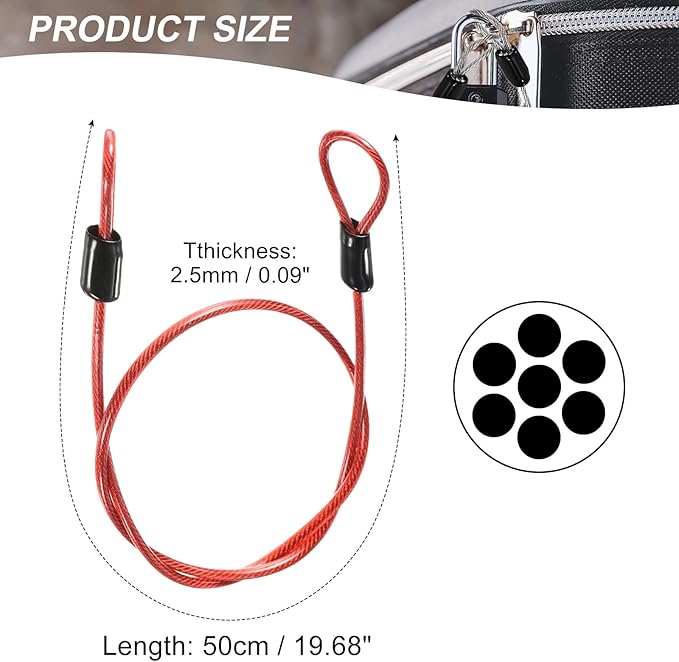 MECCANIXITY Security Steel Cable Lock, Safety Cable Flexible Wire Rope Luggage Lock 1.6feet 2.5mm Vinyl Coated Braided Steel with Double Loop for Bike Bicycle U-Lock Padlock Red
