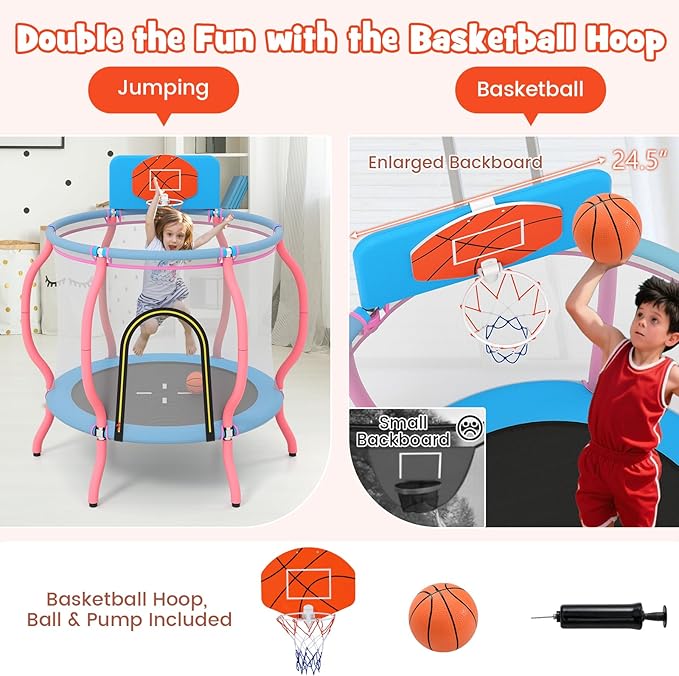 Goplus 48" Kids Trampoline, Indoor & Outdoor Toddler Trampoline with Basketball Hoop, Wide Backboard & Tall Enclosure Net, Kids Activity Center for Boys Girls 3-6, Max Load 330 lbs