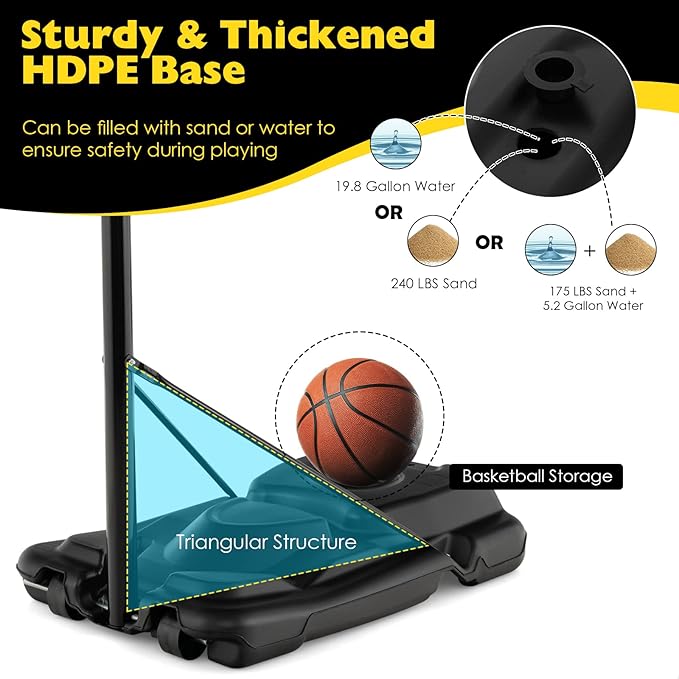 Goplus Portable Basketball Hoop Outdoor Indoor, 4.25-10FT 12-Level Adjustable Basketball Goal w/ 44’’ Shatterproof Backboard, Fillable Base, Basketball Stand System for Youth Adults