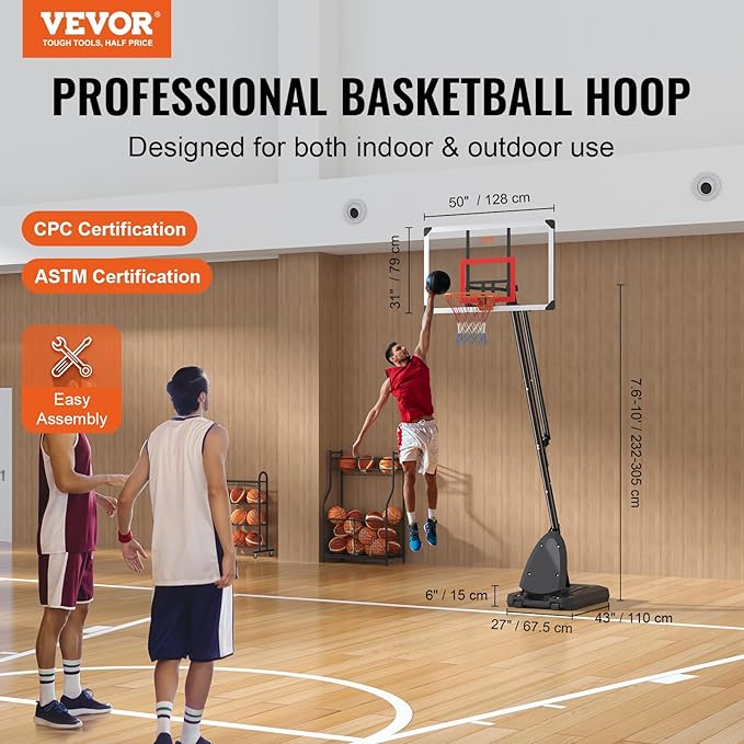 VEVOR Basketball Hoop/Rim, Adjustable Height Portable Backboard Court, Basketball Goal, Mobile Stand with Wheels Weighted Base, Youth&Adults, Outdoor/Indoor