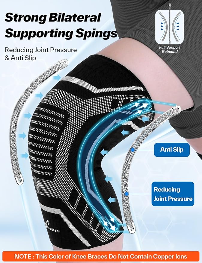 Copper Knee Brace for Men & Women - Knee Compression Sleeve with Side Stabilizers - Knee Support for Running, Hiking, Working, Basketball, Volleyball, Gym, Meniscus Tear, ACL, Arthritis Knee Pain Relief, A Pair (Black-No Copper(a pair), Large(18"-20"))