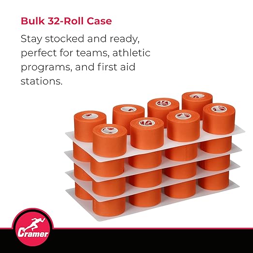 Cramer Team Color Athletic Tape, Orange, for Ankle, Wrist, and Injury Taping, Helps Protect and Prevent Injuries, Promotes Faster Healing, Athletic Training First Aid Supplies, 1.5", Bulk 32 Roll Case