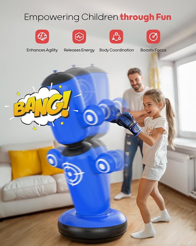 QPAU 360° Rotatable Punching Bag for Kids, Lager 64” Kids Punching Bag with Gloves, Hand Pump & 6 Targets, Bop Bag Inflatable Punching Toy, Karate Gifts for Boys, Girls