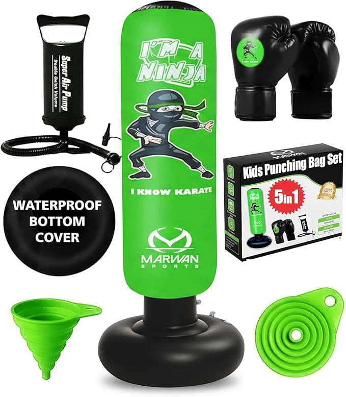 Marwan Sports 5-in-1 Inflatable Punching Bag for Kids – 63" Karate Toy Set with Boxing Gloves, Durable Fast Rebound, Active Play, Stress Relief Christmas/Birthday Gift for Boys & Girls Ages 4-12