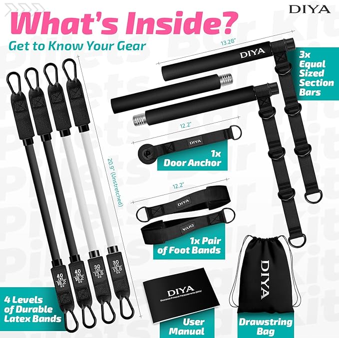 Pilates Bar Kit with Resistance Bands, Stretched Pilates Bar for Women & Men, 140 lbs Equipment for Legs, HIPS, Waist, Arms, Back, Core, Adjustable 3-Section Home Gym Kit for Full-Body Workouts