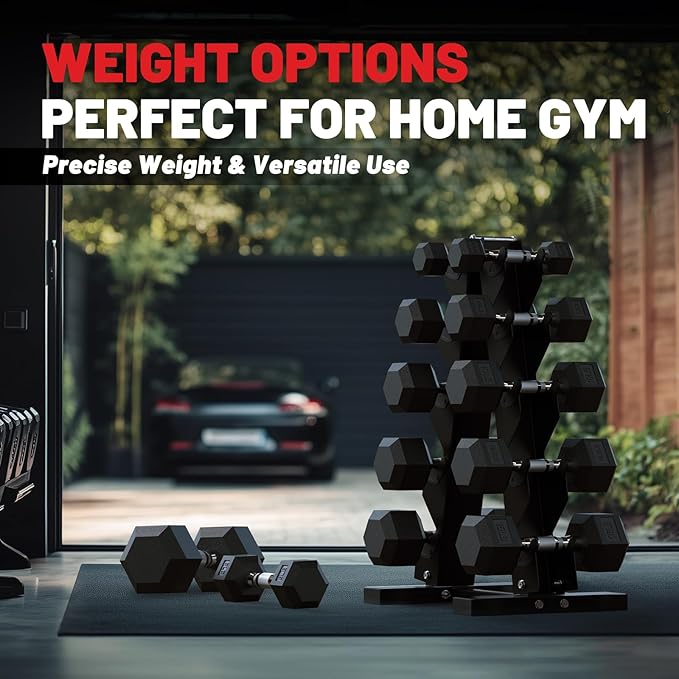PAPABABE Dumbbell Set with Rack, Rubber Encased Hex Dumbbell Free Weights Dumbbells Set with Storage Rack, Home Weight Set