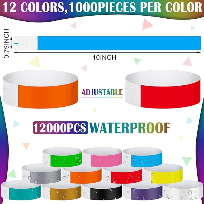 Tudomro 12000 Pcs Paper Wristbands for Events Arm Hand Lightweight Neon Colored Concert Party Wristbands Adhesive Paper Bracelets Waterproof(Colorful)